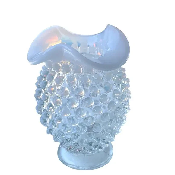 Fenton Vintage White Hobnail Opalescent Milk Glass Vase Petite Ruffled Edge Deco